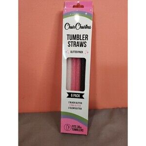 CharCharms Tumbler Straws 6 Pack Glitter Black Pink Clear